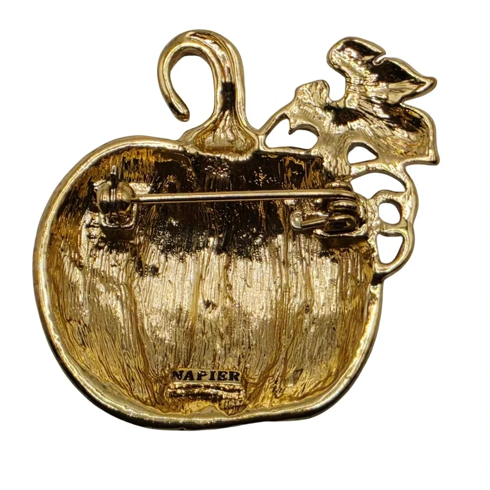 NAPIER Heavy Enamel Gold Tone Clear Rhinestone Pumpkin Pin Brooch Harvest Fall